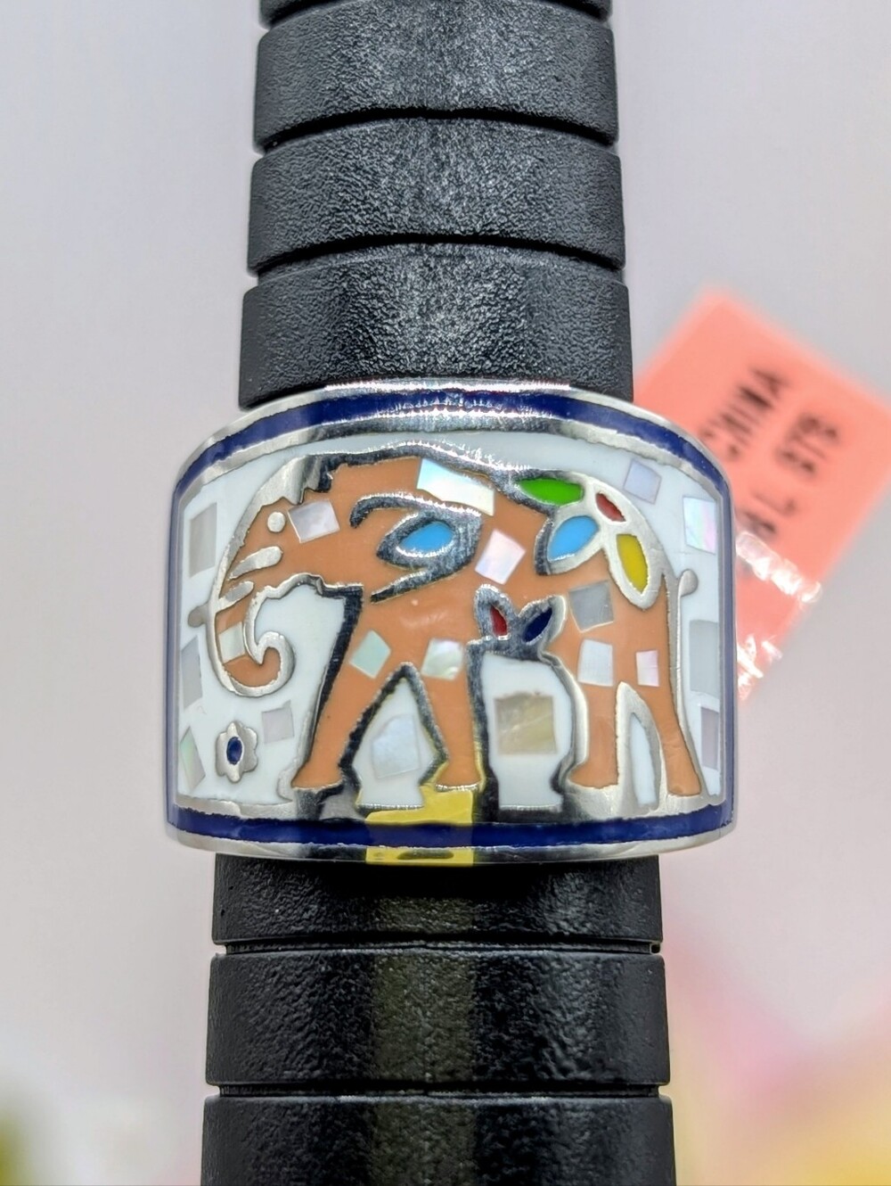 Multicolor Enamel Elephant & Mosaic Mother Of Pearl Ring - Stainless Steel